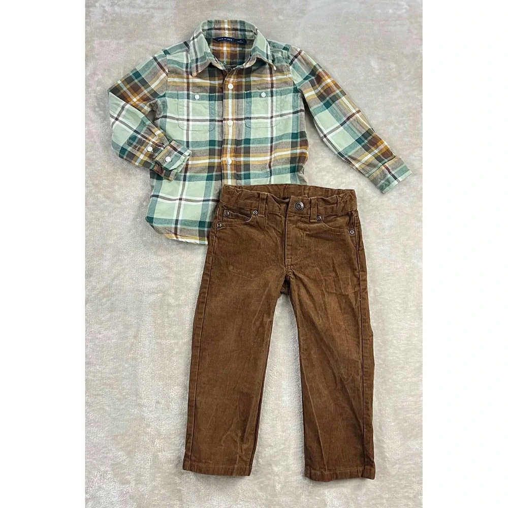 Janie and Jack Toddler Plaid Flannel Shirt and Corduroy Pants Set 2T Brown Green